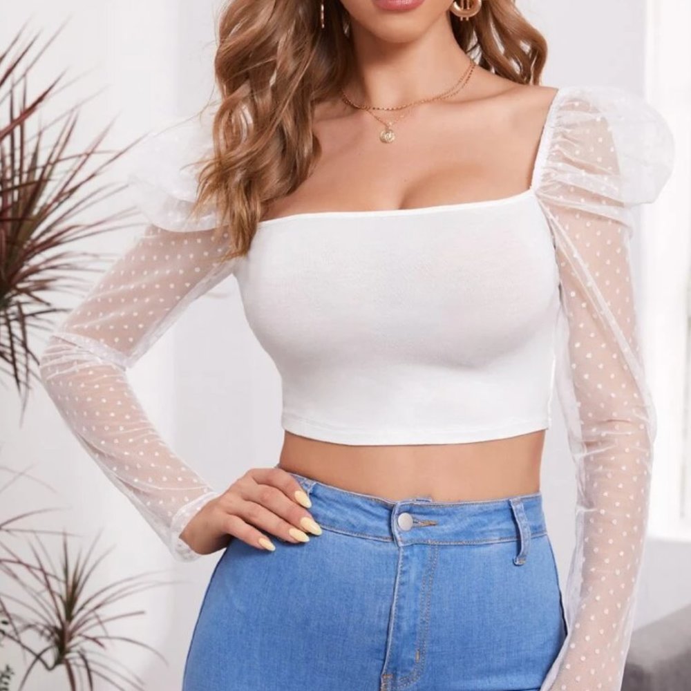 White top with detailed mesh sleeves